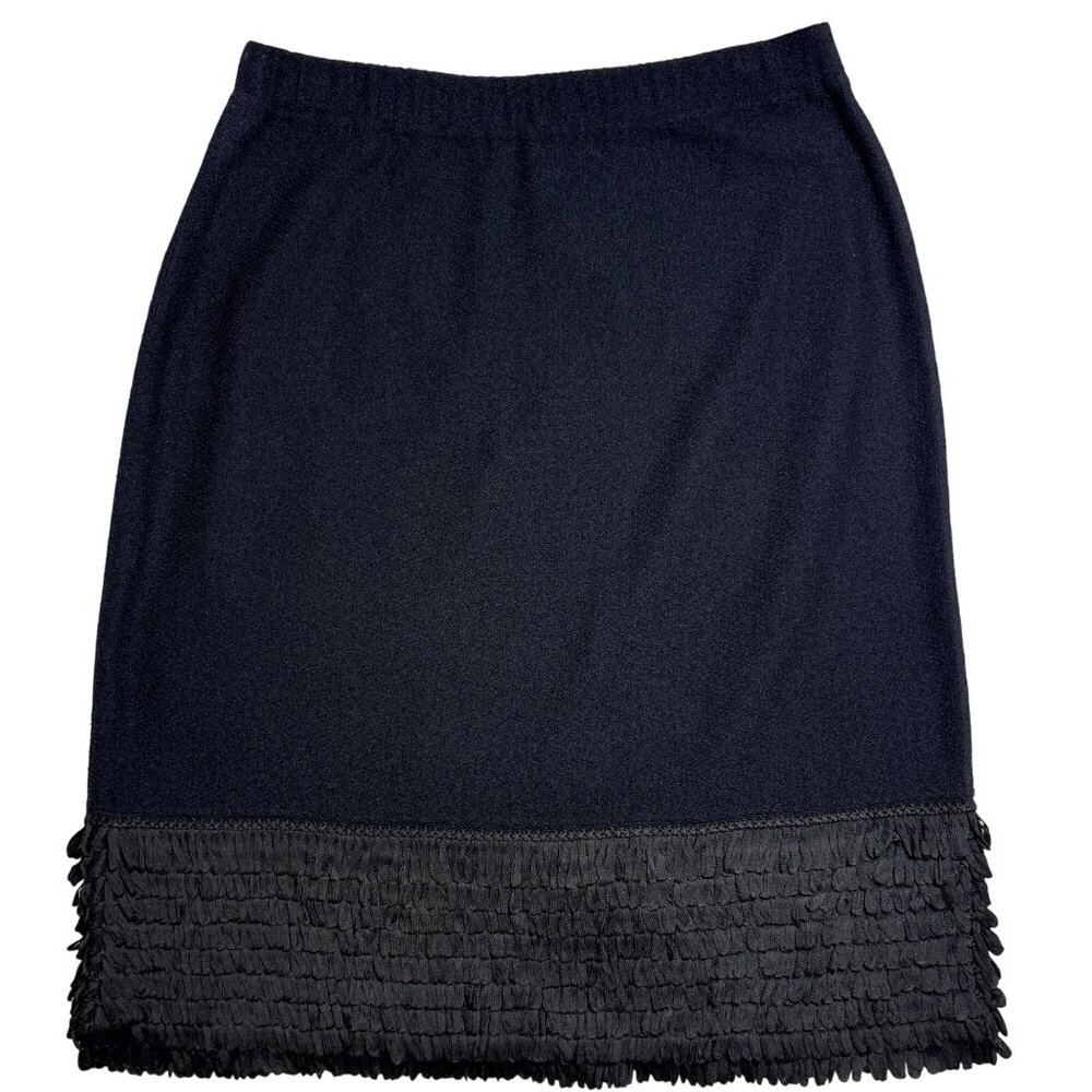 St. John Collection Skirt Womens 12 Black Wool Rayon Santana Knit Fringe Hem